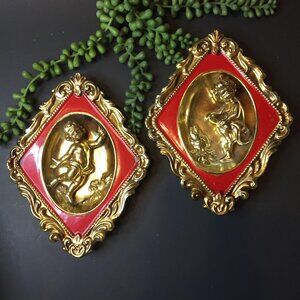 Lot 2 Vtg Plaques 2 Cherubd Japan 3D Victorian Ardco  Gold Red 7" Ceramic Wall H